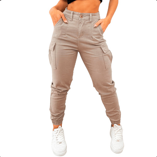 Calça Cargo Jogger Jeans Feminina Com Lycra Cintura Alta 