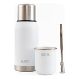 Set Termo Matte White 750cc + Mate Steel + Bombilla 