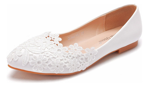 Zapatos Blancos Planos Mujer De Encaje De Fiesta Bodas [u]