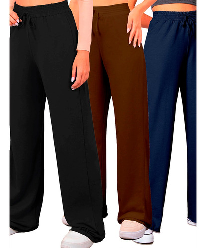 Calça Estilosa Kit Três Peças Wide Leg Pantalona Longa Cores