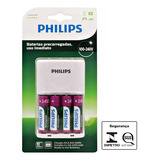 Kit 4 Pilhas Aa C/ Carregador 2450 Mah Recarregáveis Philips