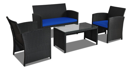 Muebles Exterior 4pzs Mimbre Negro Cojin Azul Gpl