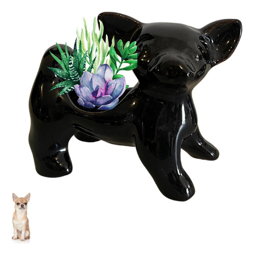 Maceta Perro Chihuahua Negro Mascota Jardín Minimalista