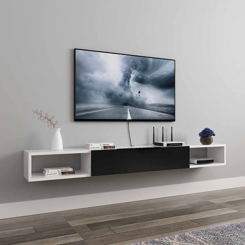 Repisa Flotante Mesa Tv  Moderna Blanco Puerta Negra 150cms