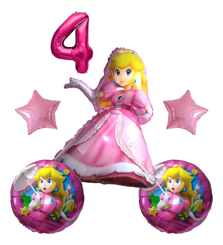 Pack Globos Princesa Peach Mario Bross X 5  + Número 