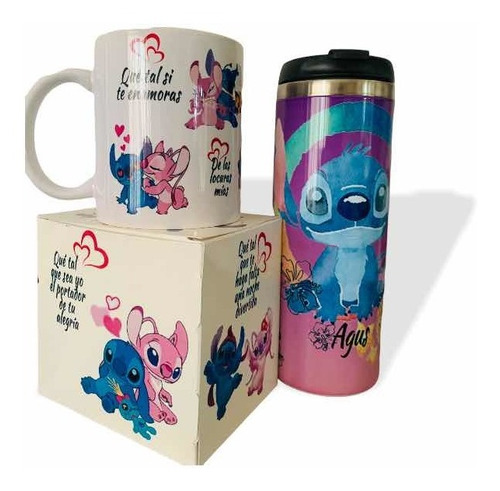 Taza + Termo Stitch Y Ángel, Romántico Personalizado