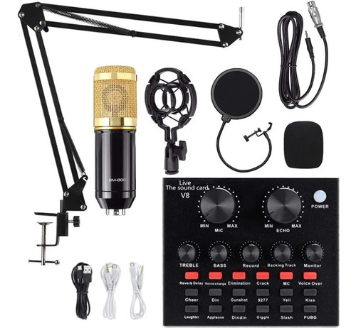 Kit Completo Microfone Bm800 Mini Placa Mesa V8 Live Sound