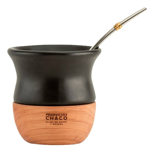 Mate Chaco De Ceramica Y Madera  Con Bombilla Inox Y Funda