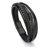 Pulsera Hombre Cuero Trenzado Negro 5 En 1 Cierre Iman 