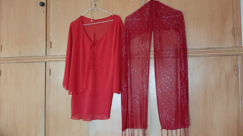 Blusa Roja Organza Canutillos Más Chalina Con Brillo Al Tono