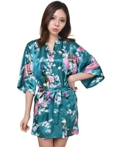 Kimono Curto De Cetim Fino Azul Estampa De Pavão