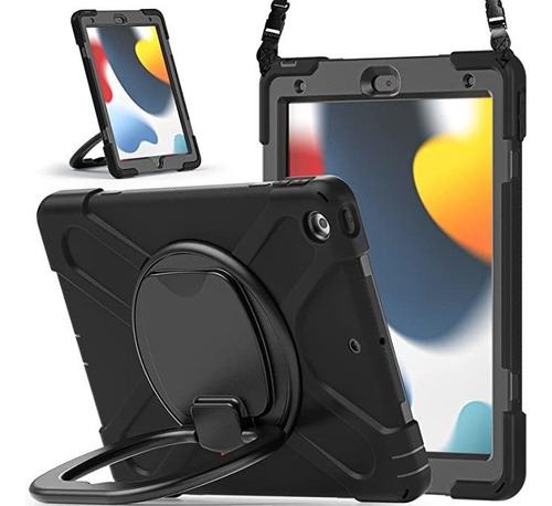 Funda iPad Mini 7-8-9 Gen Con Soporte Anillo 360 Negro