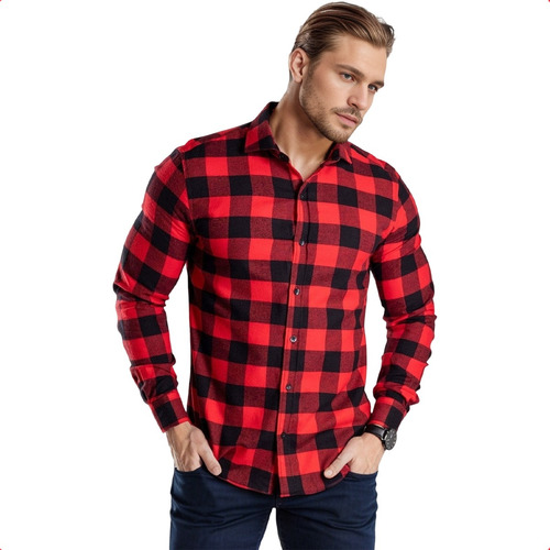 Camisa Xadrez Masculina Manga Longa Junina Flanelada Bolsos 