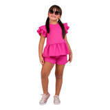 Conjunto Infantil Menina Verão Rosa Barbie Roupa Bata Shots