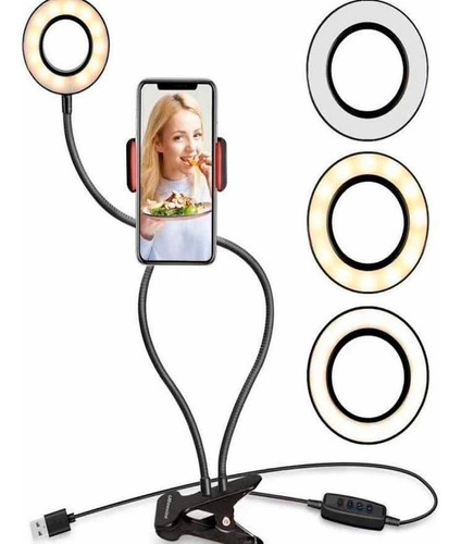 Soporte Para Teléfono Celular Ring Light Led + Selfie Live You Tube, Color Negro