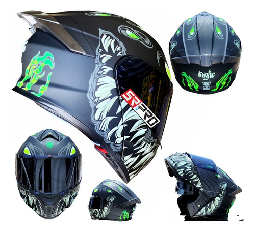 Casco Moto Toxic Kov Negro Verde Abatible Mas Lentes Dot 