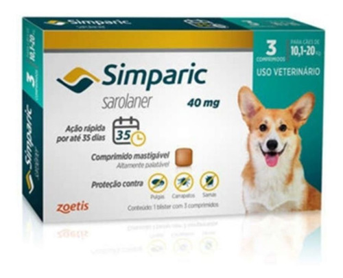 Simparic 40 Mg Antipulgas Cães 10 A 20 Kg 3 Comprimidos