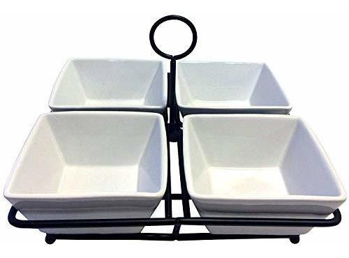 4 Bowl Condiment Dish Rack Set - Porcelana Blanca Cerámica-