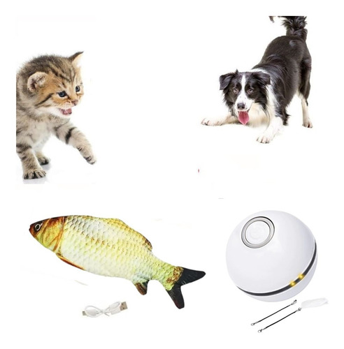 Kit Bola Interativa + Peixe Usb Gatos Cachorros Sensor Pet