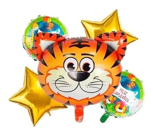 Set 5 Globos Metalizado Tigre Animal Selva Feliz Cumple 