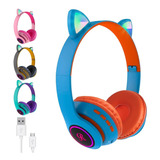 Auriculares Oreja De Gato Gamer Bluetooth Neko Luz Led Usb Color Celeste