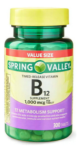 Vitamina B12:1000 Mcg Spring Valley 300 Comprimidos, Sabor Sin Sabor