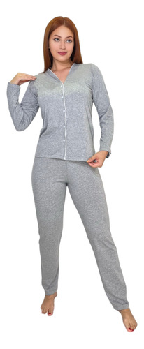 Pijama Feminino Conforto Americano Inverno Com Botões Adulto
