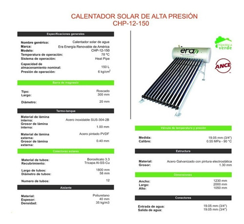 Calentador Solar Era, Presión 6 Kg/cm2, 12 Tubos, 150 Litros