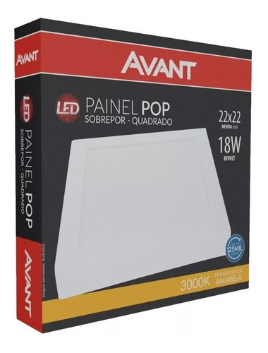 Painel Plafon Led 18w Sobrepor Quadrado 22x22 3000k Avant