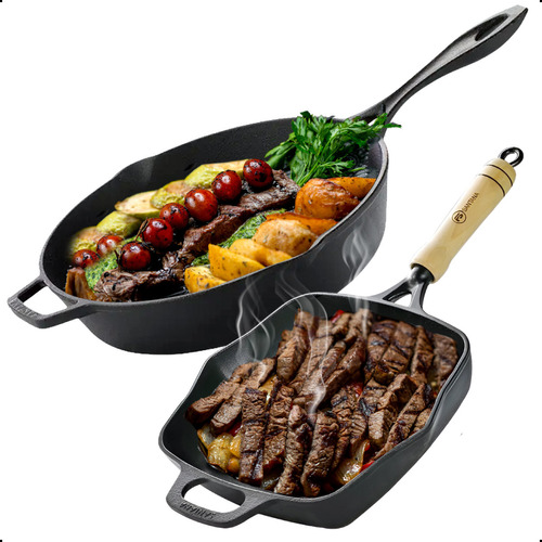 Frigideira Grill Quadrada 22cm + Frigideira 28cm De Ferro 