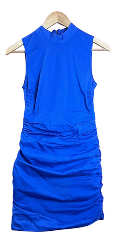 Vestido Azul Zara Ajustado Pollera Con Pliegues Talle S