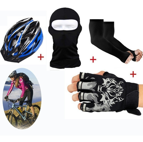 Casco Bici +guantes Ciclista+ Protección Uv Mangas Y Mascara