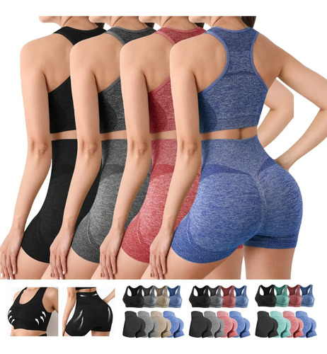 8pzs Pantalones Corto+bra Conjunto Licra Deportivo Gym Mujer