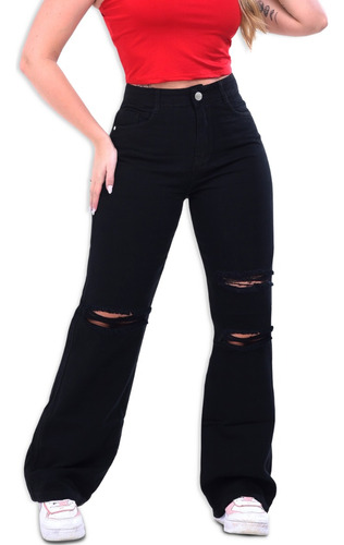 Calça Jeans Feminina Wide Leg Rasgado Moda Gringa Premium