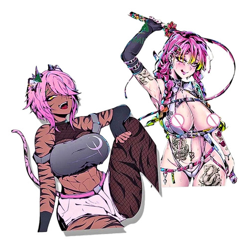 2 Pegatinas Calcomanías Sticker Adulto Anime Waifu Rosa 13cm