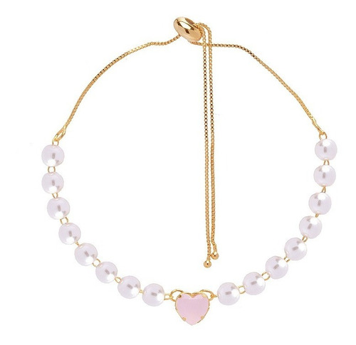 Pulseira Gravatinha Amiga Noiva Coração Rosa Folheado Ouro