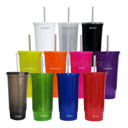 50 Vaso Neon Tapa Y Popote 32 Oz No Personalizado Termo Dul