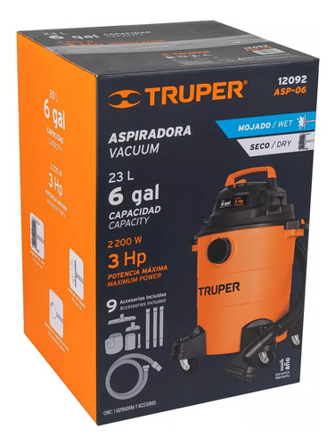 Aspiradora De Tacho Truper Asp-06 23l Naranja Y Negra 120v 