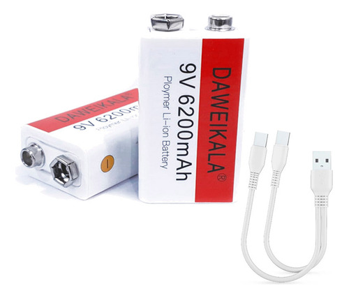 2x Bateria Recarregavel 9v Usb 6.200mah + Cabo Usb-c Duplo