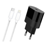 Cargador Carga Rapida 20w Compatible iPhone 8 X 11 12 13 Pro Color Negro Con Cable Gris Reforzado