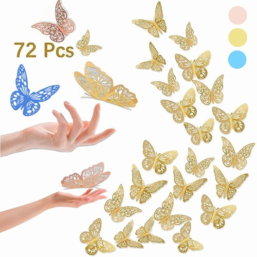 72pcs Mariposas Decorativas, 3d Pared Colore Metalicos Hueco