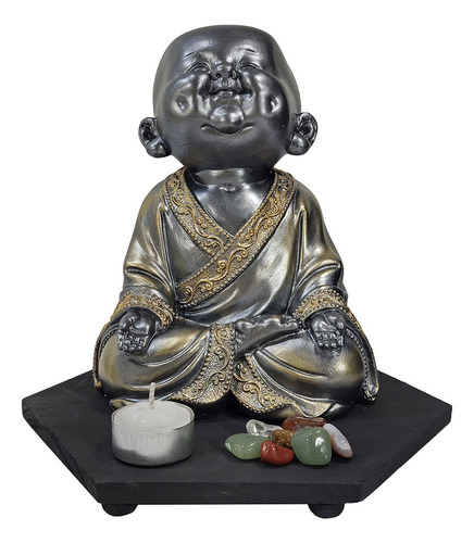 Buda Hindu Sorridente Chumbo Decorativo Base Madeira + Vela