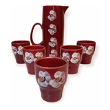 Juego De 5 Vasos + Jarra Vino Ceramica Red Flowers