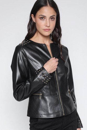 Chaqueta Efecto Cuero Tachas, Negro Liola