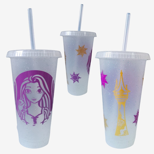 Vaso Diseño Enredados - Princesa Rapunzel Con Tapa Y Popote