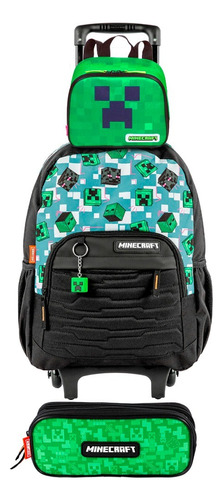 Mochila Minecraft X Mosaic Escolar Rodinhas Estojo Lancheira