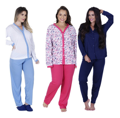 Kit Com 3 Pijama Longo Amamentação - Pós Parto Pós Cirurgia