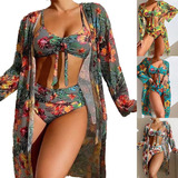 3 Piezas Conjunto De Bikini De Malla Estampada Dama+ Kimono