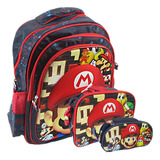 Kit X3 Maleta Morral Mario Bros + Lonchera Cartuchera Grande