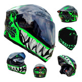 Casco Moto Negro Verde Fosforescente Troll Abatible Luz Dot 